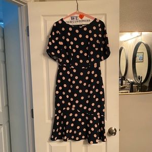Teal and light pink polka dot Boden dress. Fitted with flouncy bottom